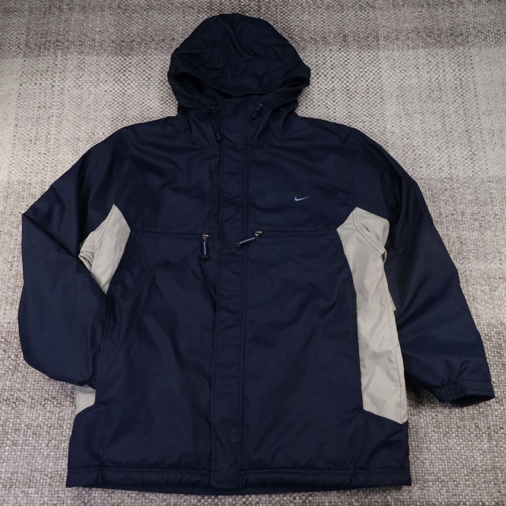 Nike Mens Hooded Windbreaker Jacket Navy Blue Tan Fleece Lined Large F1-GT7